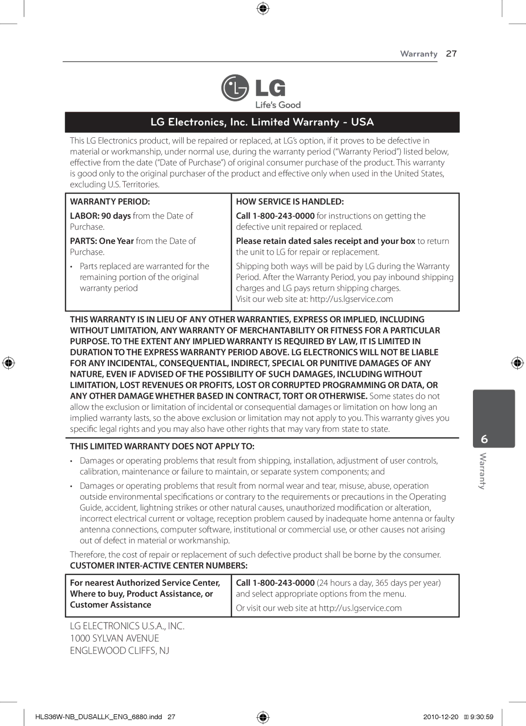 LG Electronics LSB316, SHS36-D owner manual Parts One Year from the Date, Remaining portion of the original 