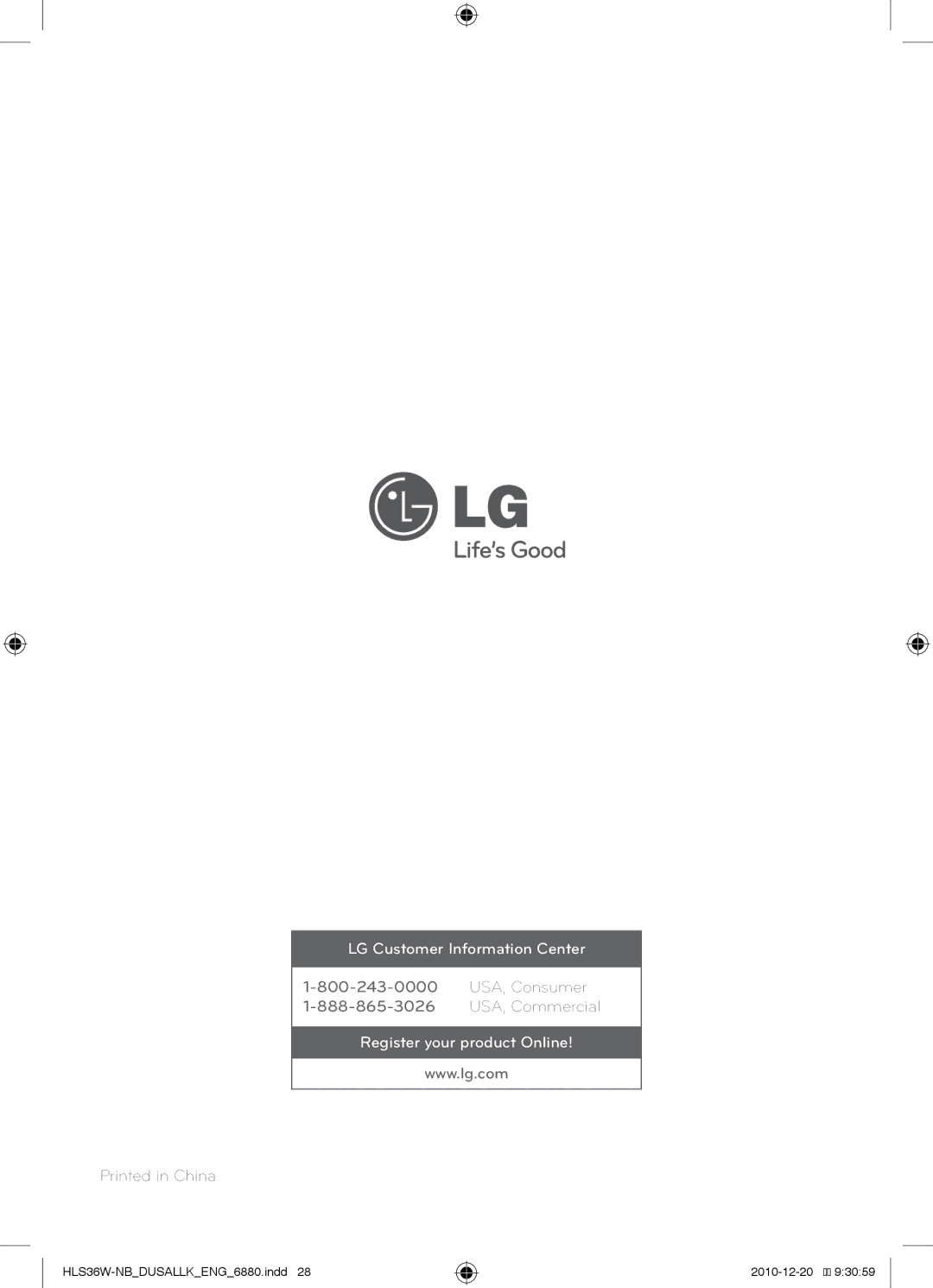 LG Electronics SHS36-D, LSB316 owner manual LG Customer Information Center 