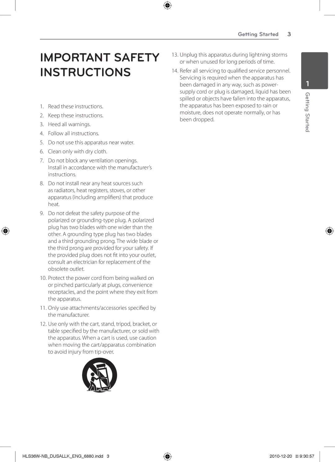 LG Electronics LSB316, SHS36-D owner manual Important Safety Instructions 