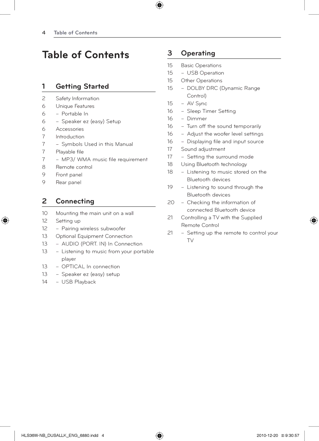 LG Electronics SHS36-D, LSB316 owner manual Table of Contents 