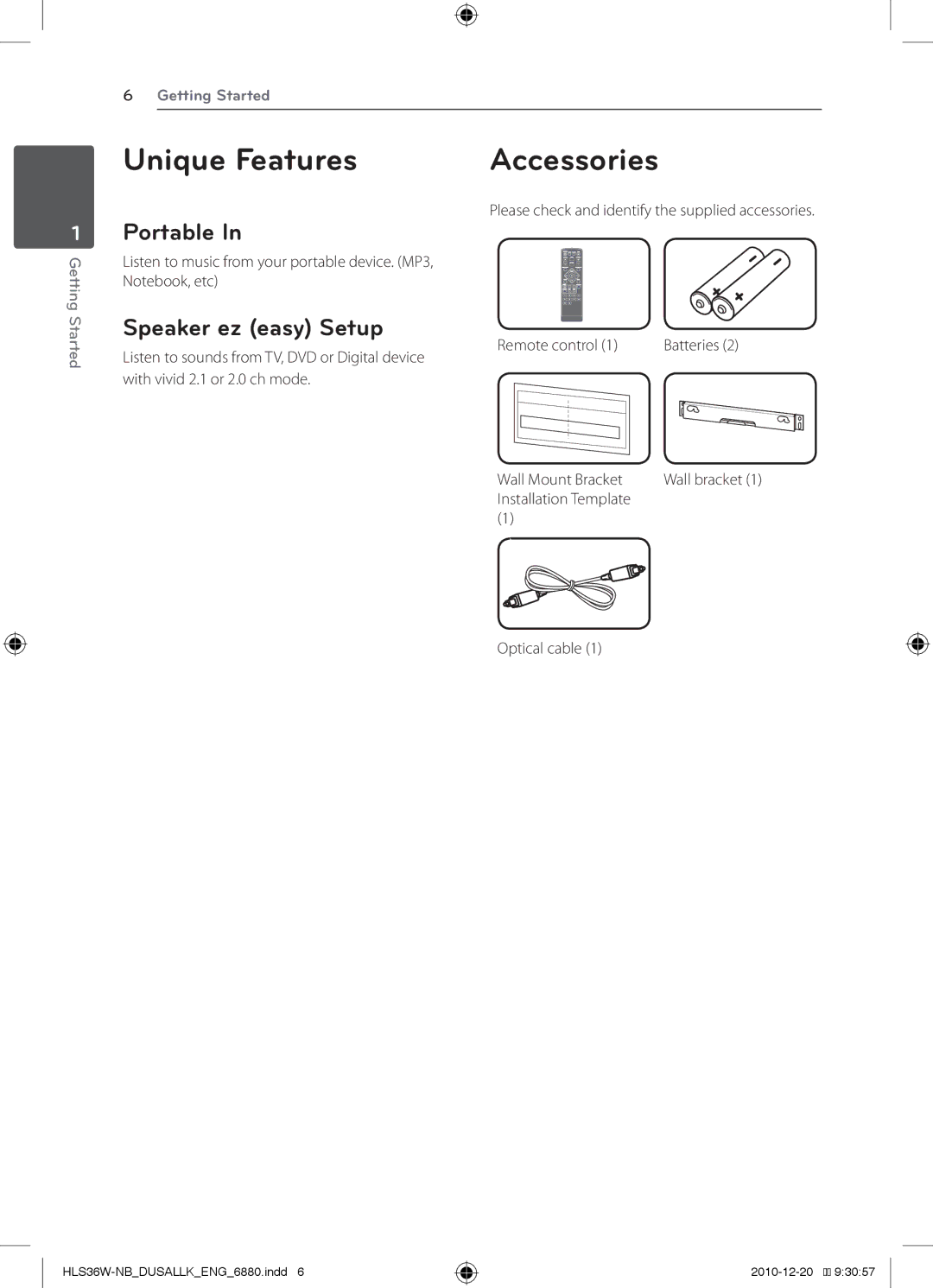 LG Electronics SHS36-D, LSB316 owner manual Unique Features, Accessories, Portable, Speaker ez easy Setup 