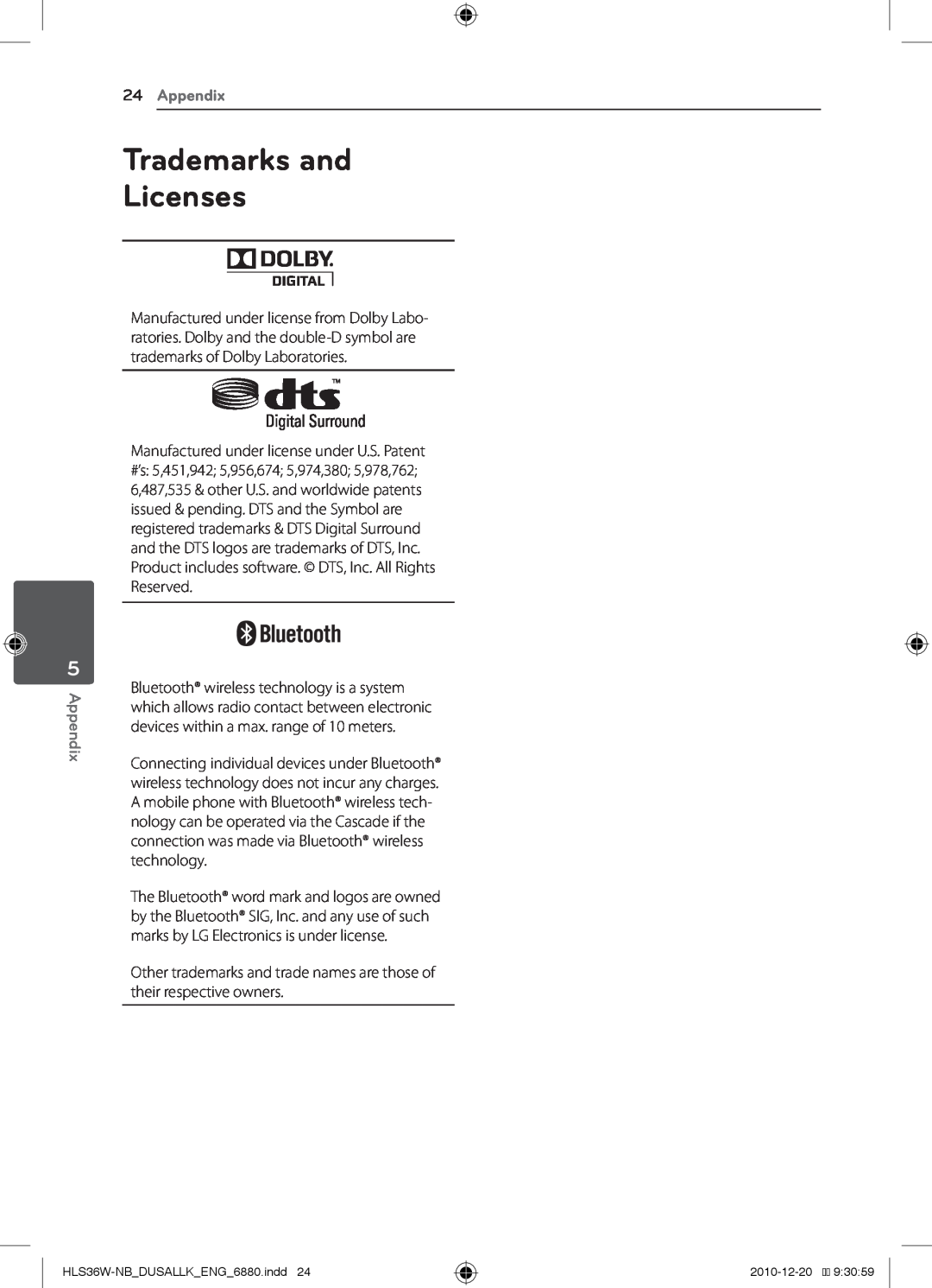 LG Electronics SHS36-D, LSB316 owner manual Trademarks and Licenses, 24Appendix 