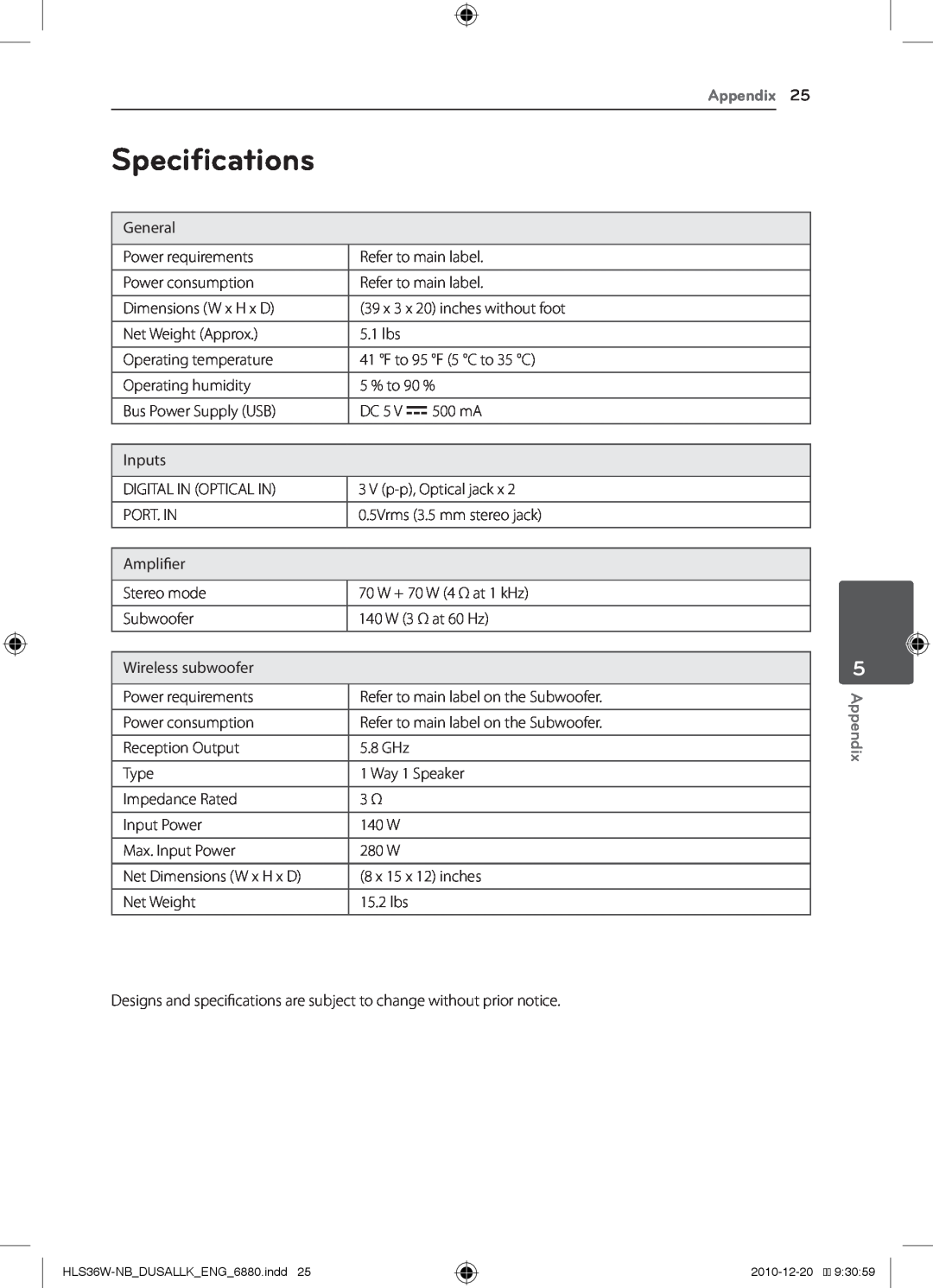 LG Electronics LSB316, SHS36-D owner manual Specifications, Appendix 