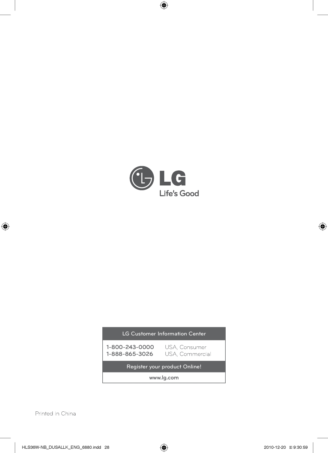 LG Electronics SHS36-D LG Customer Information Center, USA, Consumer, USA, Commercial, Register your product Online 