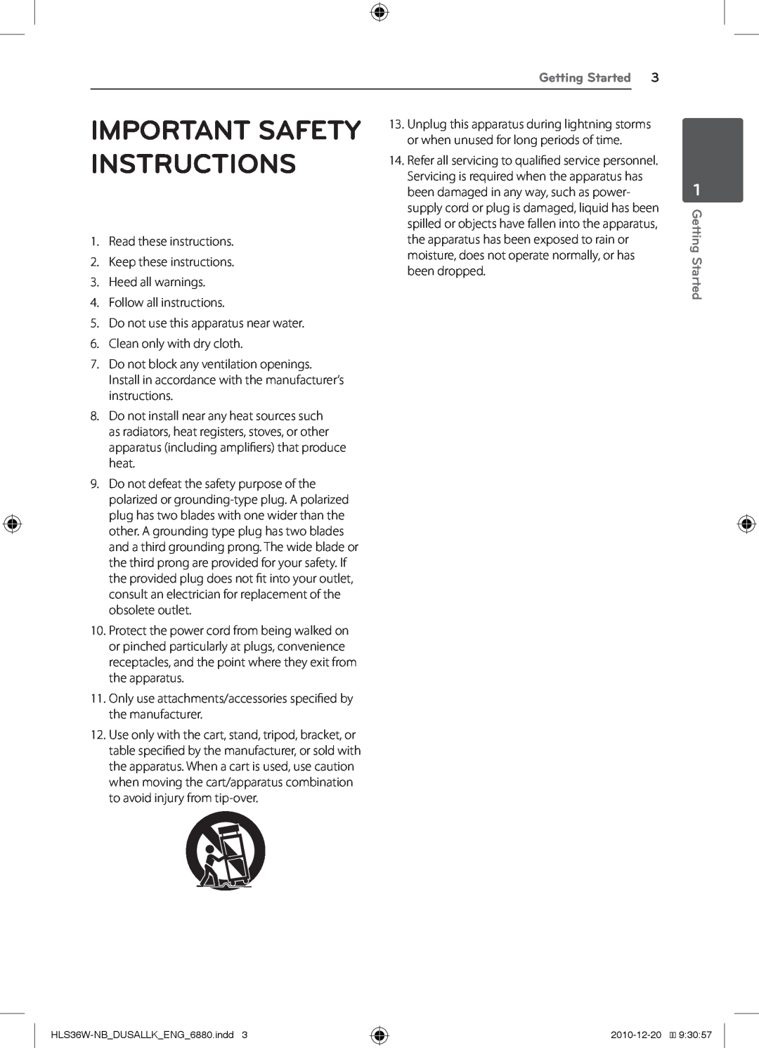 LG Electronics LSB316, SHS36-D owner manual Important Safety Instructions 