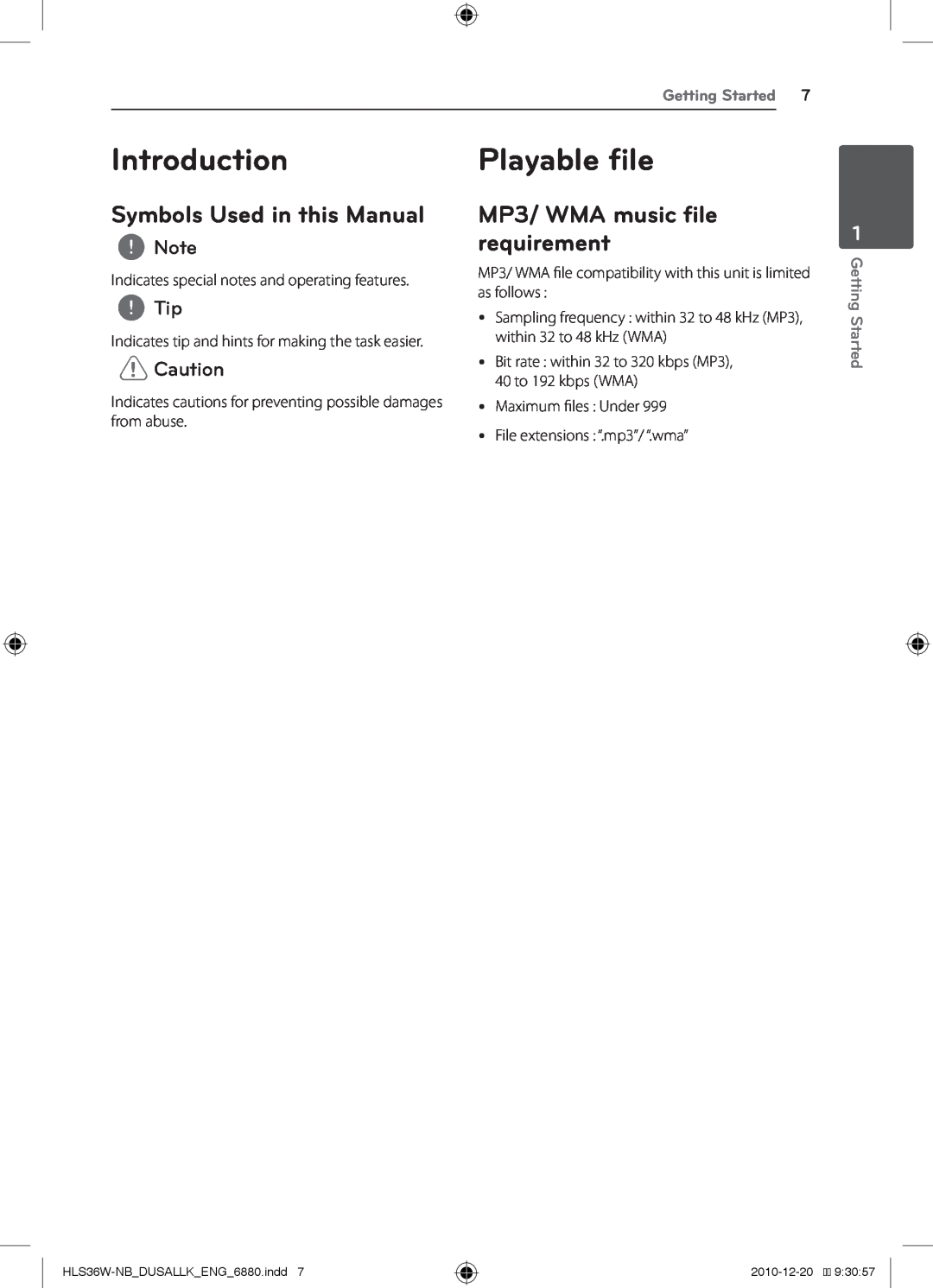 LG Electronics LSB316, SHS36-D Introduction, Playable file, Symbols Used in this Manual, MP3/ WMA music file requirement 