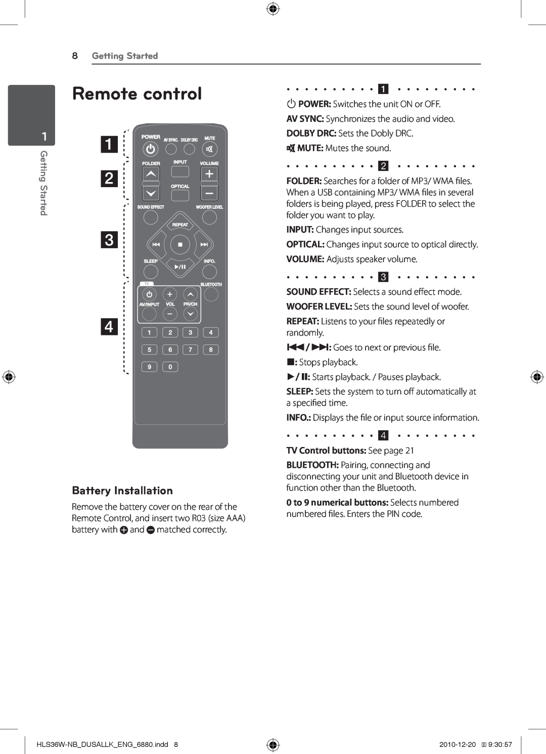 LG Electronics SHS36-D, LSB316 owner manual Remote control, Battery Installation, 8Getting Started 