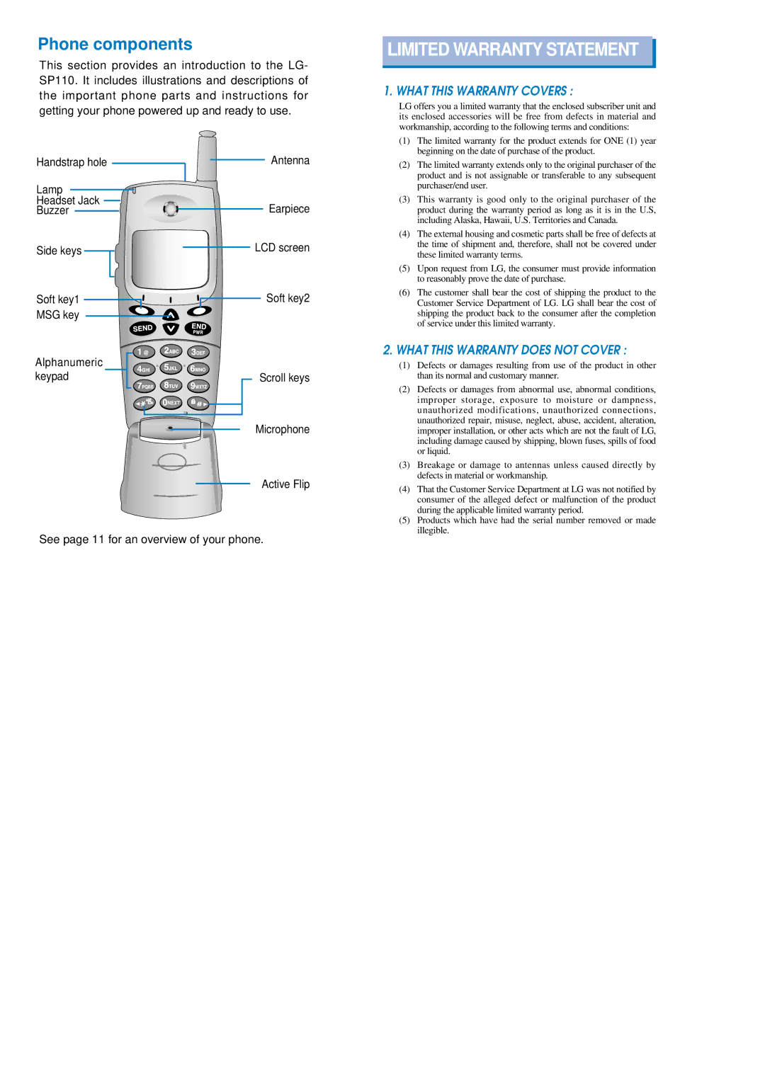 LG Electronics SP110 warranty Limited Warranty Statement, Phone components 