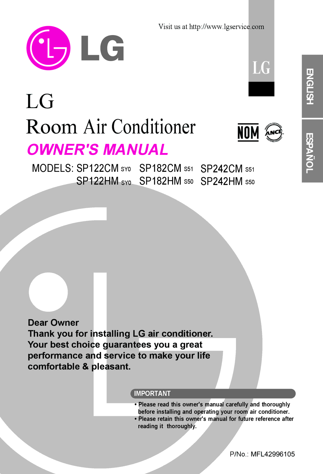 LG Electronics SP122CM SY0, SP182HM S50, SP242HM S50, SP182CM S51, SP242CM S51, SP122HM SY0 owner manual Room Air Conditioner 