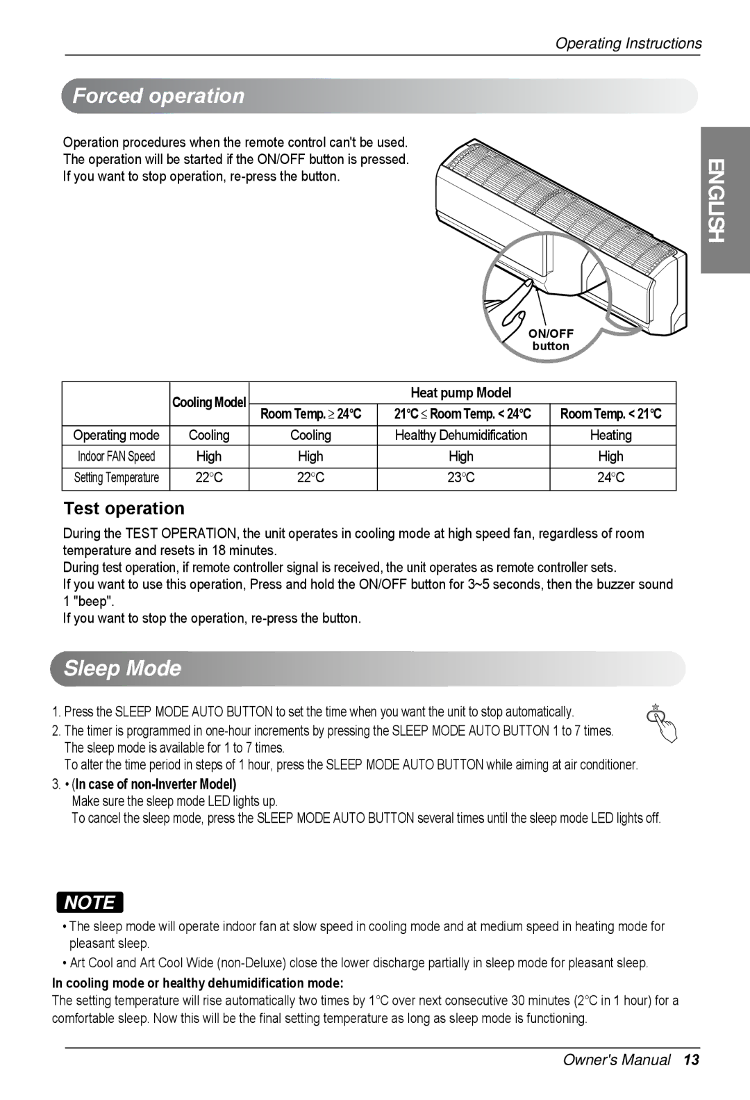 LG Electronics SP122CM SY0, SP182HM S50, SP242HM S50 Forced operation, Sleep Mode, Make sure the sleep mode LED lights up 