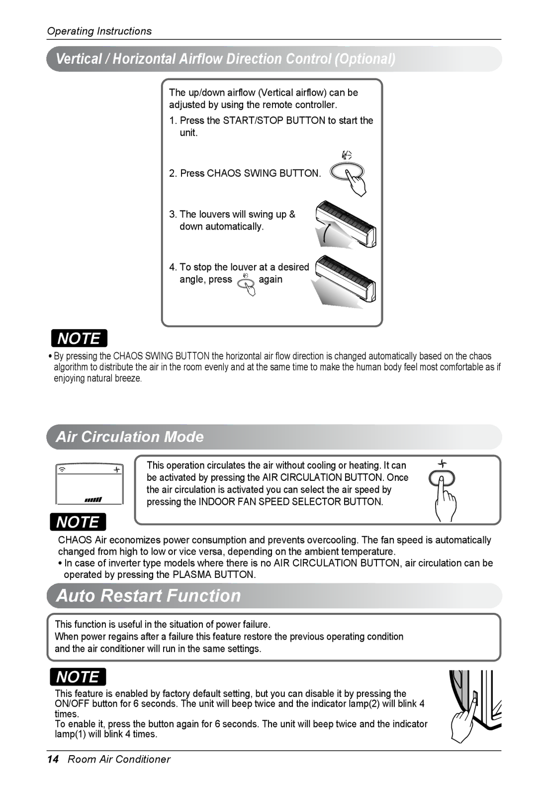 LG Electronics SP242HM S50, SP182HM S50 Vertical / Horizontal Airflow Direction Control Optional, Air Circulation Mode 