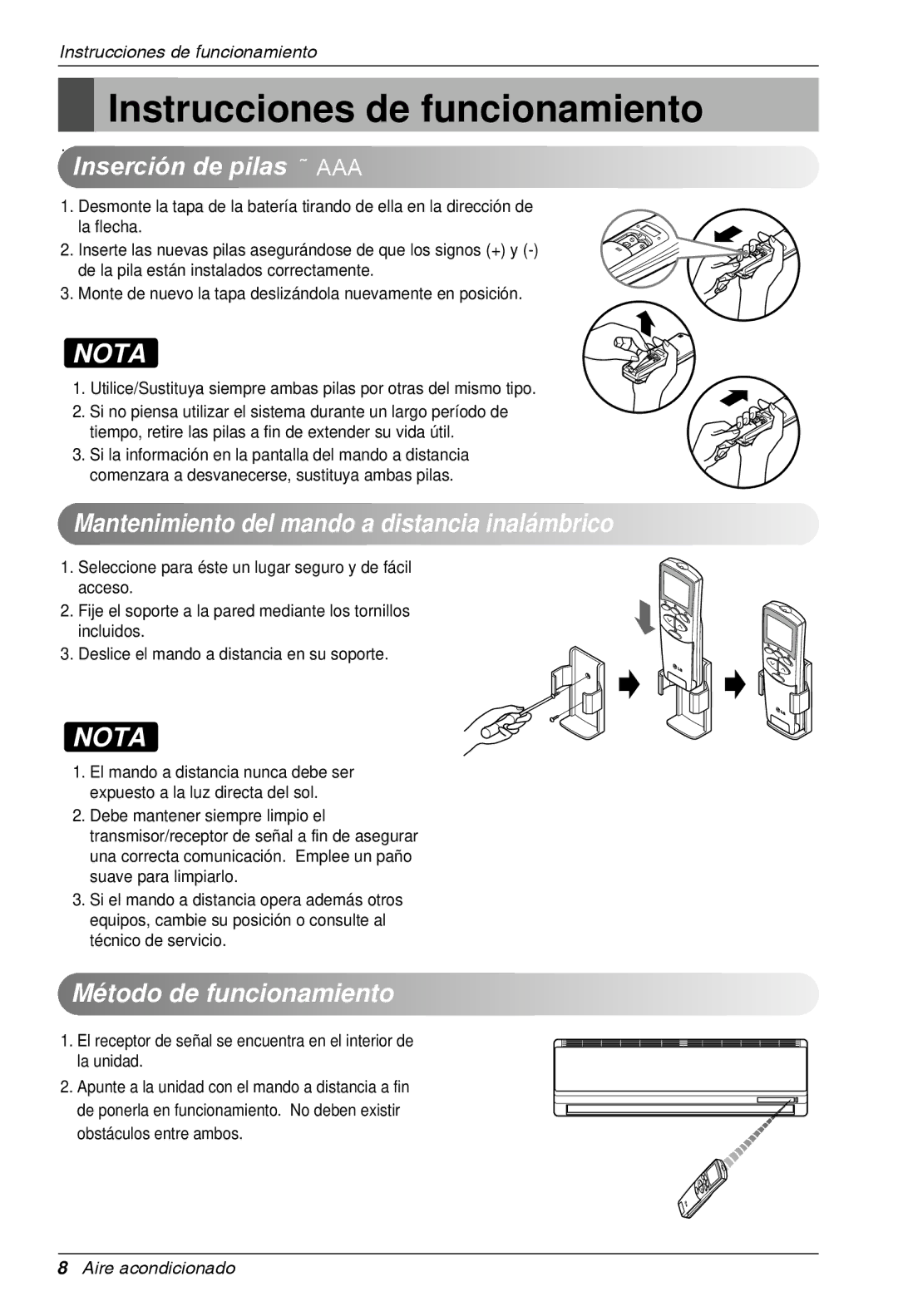 LG Electronics SP122CM SY0, SP182HM S50 Instrucciones de funcionamiento, Inserción de pilas （AAA, Método de funcionamiento 