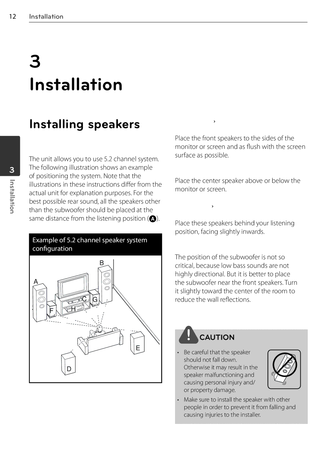 LG Electronics SR85TS-F, AR805TS owner manual Installing speakers, Center speaker, GSubwoofer, Unit 