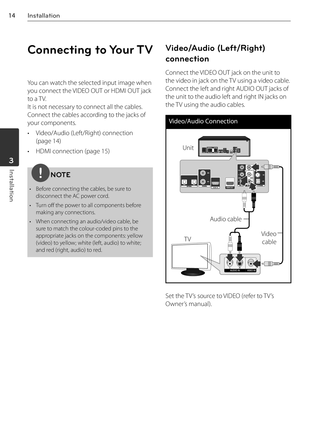 LG Electronics SR85TS-F Connecting to Your TV, Video/Audio Left/Right connection, Video/Audio Connection, Audio cable 