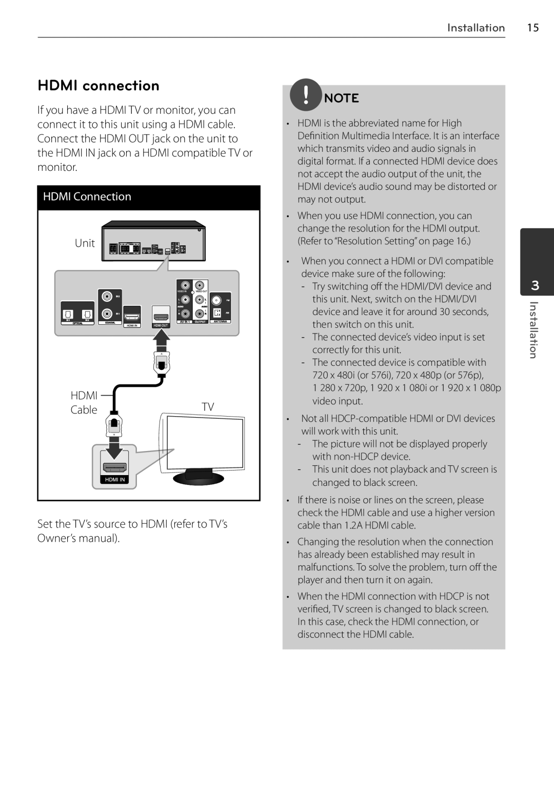 LG Electronics AR805TS, SR85TS-F owner manual Hdmi connection, Hdmi Connection, Set the TV’s source to Hdmi refer to TV’s 