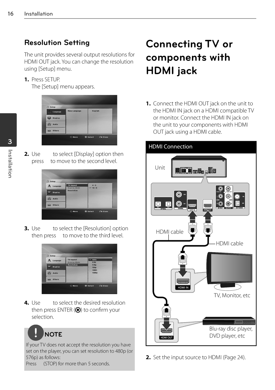 LG Electronics SR85TS-F, AR805TS owner manual Connecting TV or components with Hdmi jack, Resolution Setting 