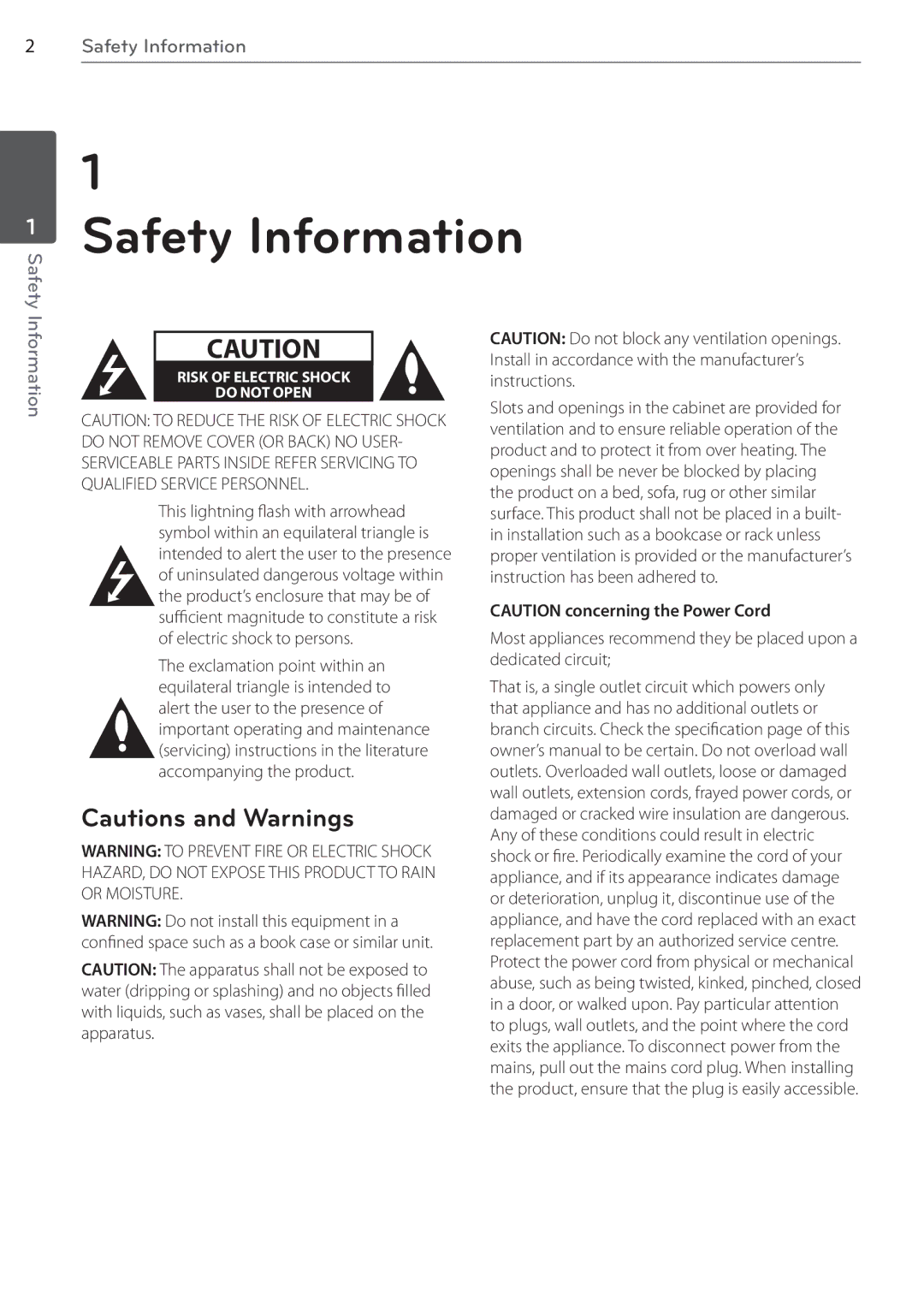 LG Electronics SR85TS-F, AR805TS owner manual Safety Information 