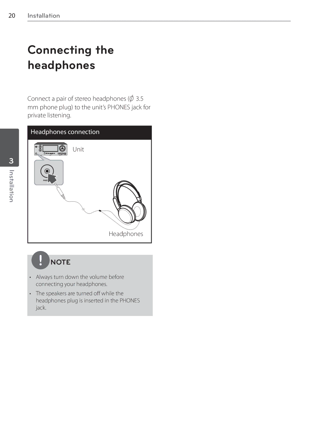 LG Electronics SR85TS-F, AR805TS owner manual Headphones connection, Unit Headphones 