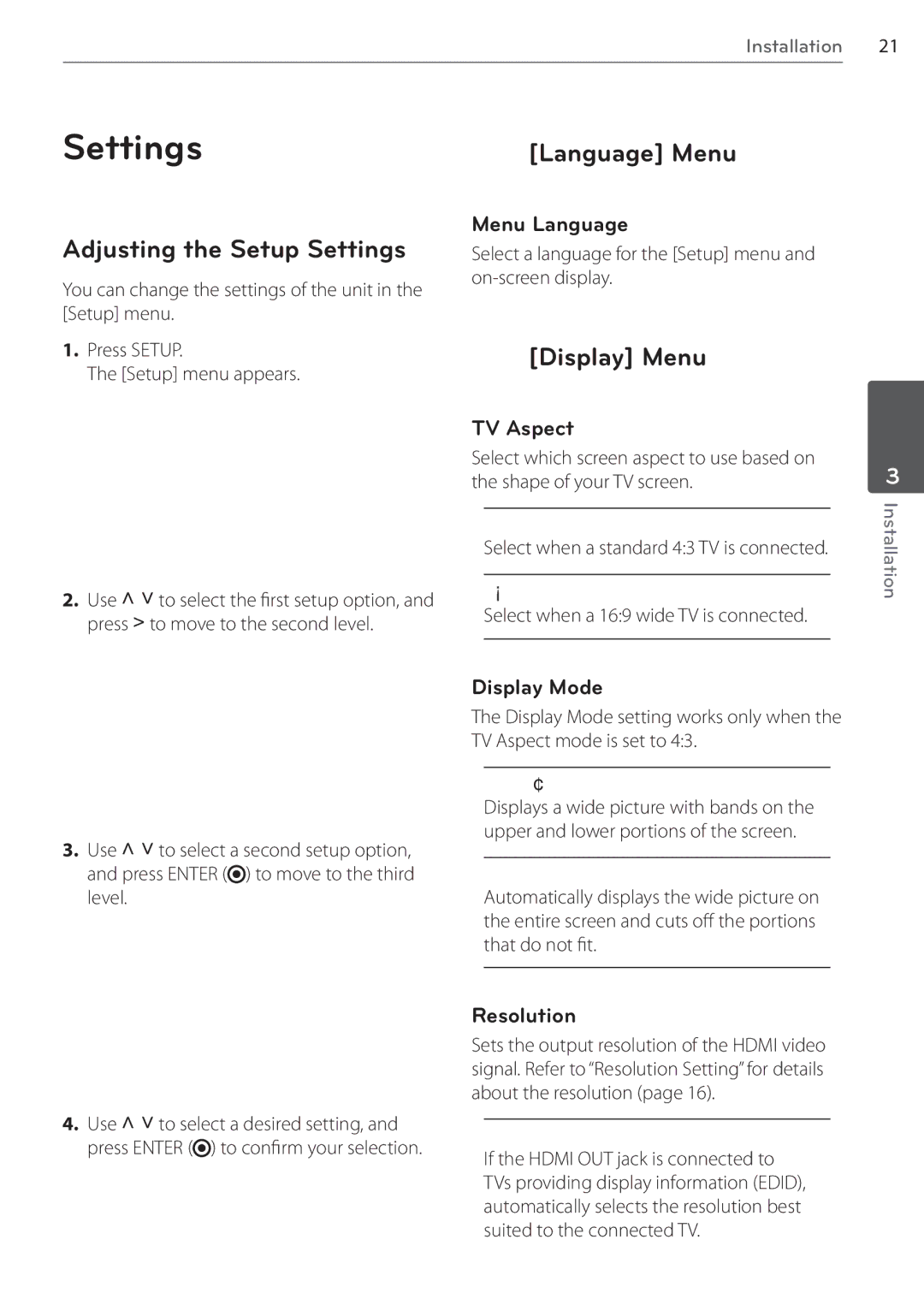 LG Electronics AR805TS, SR85TS-F owner manual Adjusting the Setup Settings, Language Menu, Display Menu 