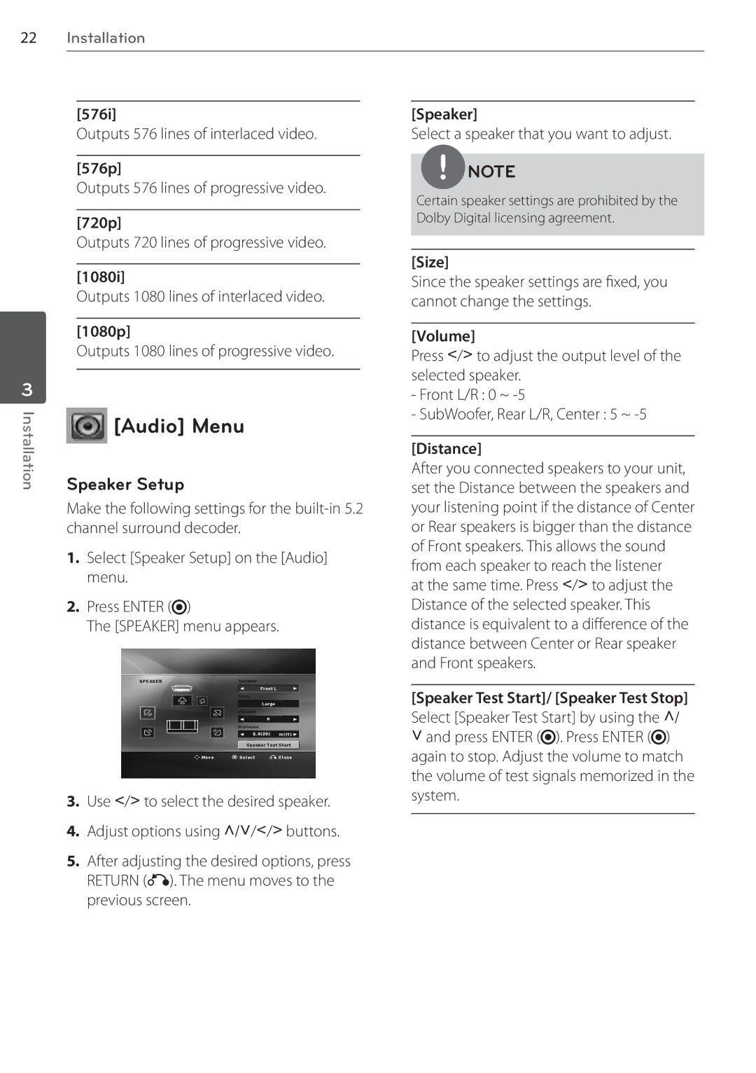 LG Electronics SR85TS-F, AR805TS owner manual Audio Menu, Speaker Setup 