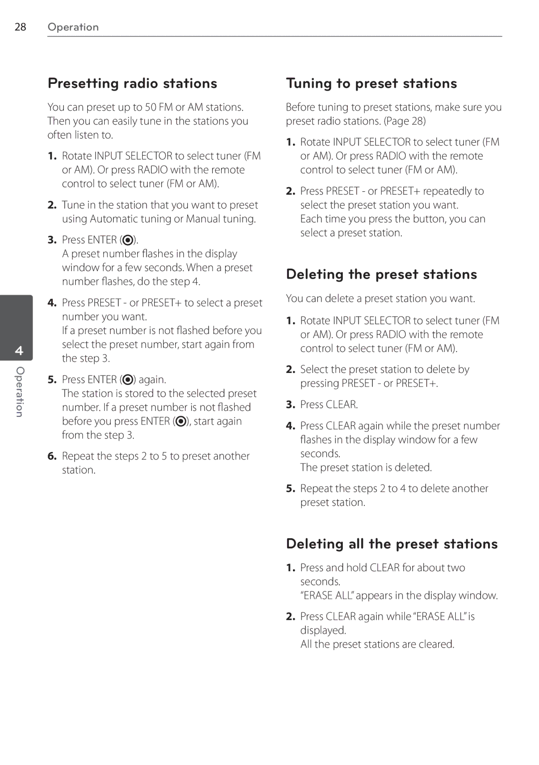 LG Electronics SR85TS-F, AR805TS Presetting radio stations, Tuning to preset stations, Deleting the preset stations 