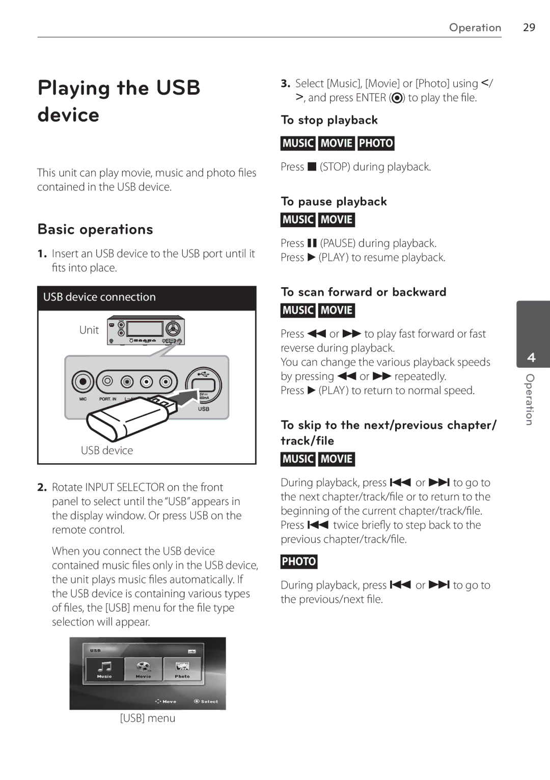 LG Electronics AR805TS, SR85TS-F owner manual Playing the USB device, Basic operations 