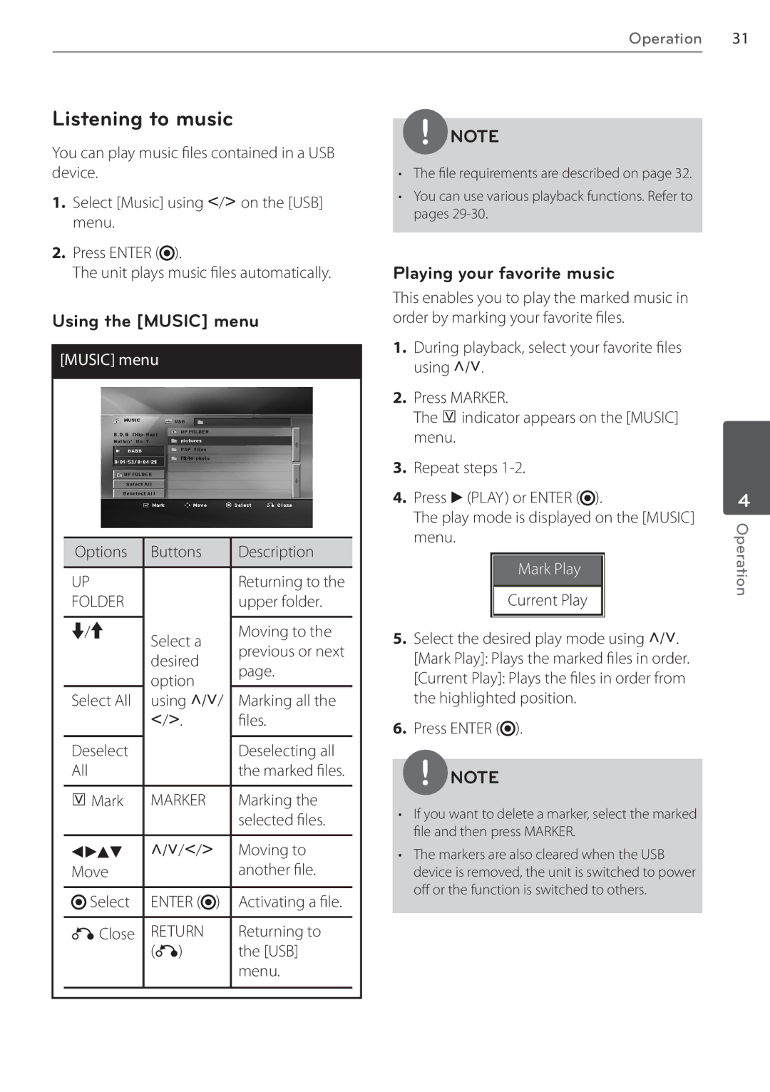 LG Electronics AR805TS, SR85TS-F Listening to music, Using the Music menu, Playing your favorite music, Mark Play 