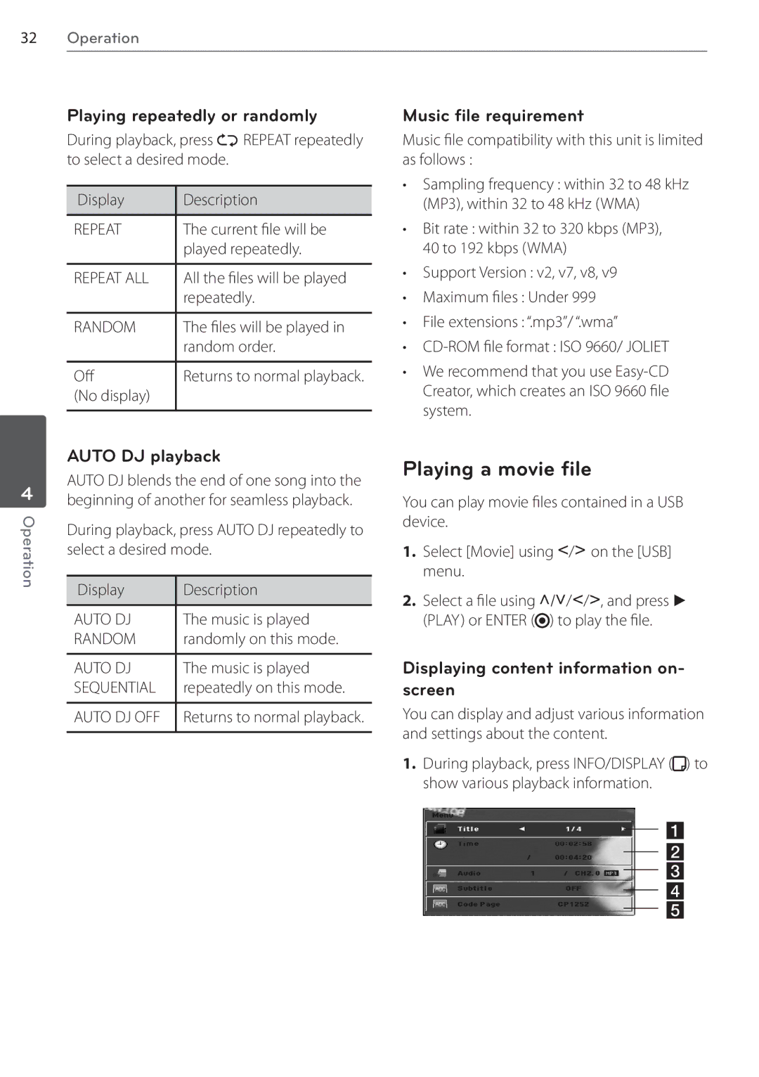 LG Electronics SR85TS-F Playing a movie file, Playing repeatedly or randomly, Music file requirement, Auto DJ playback 