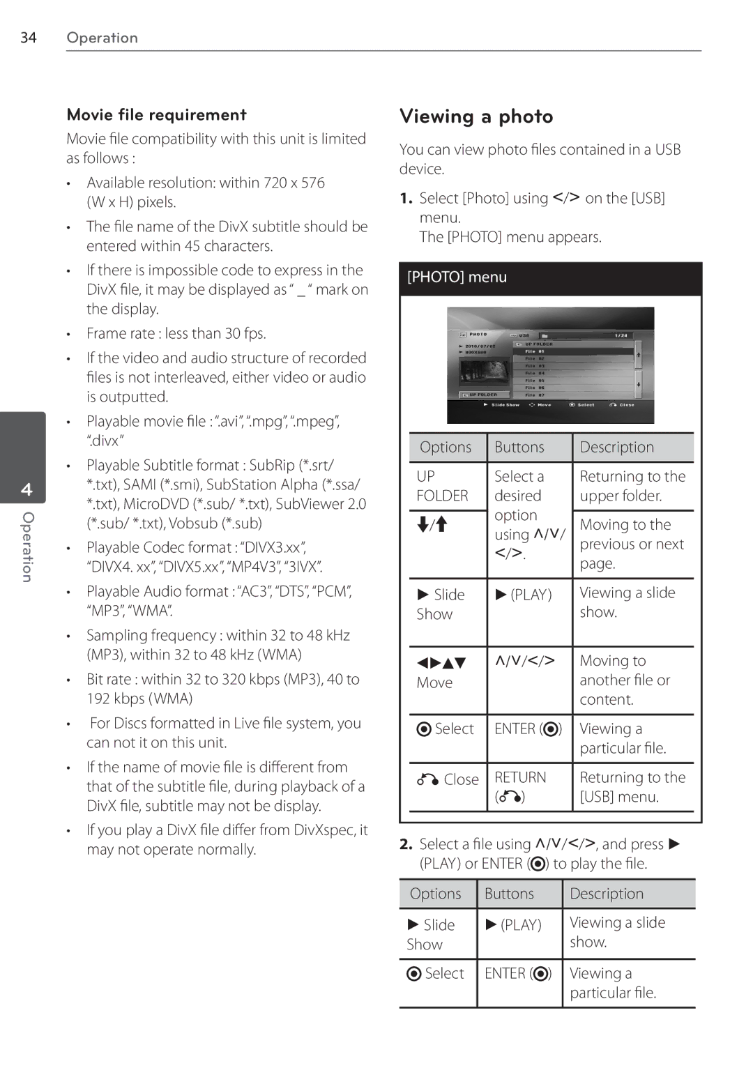 LG Electronics SR85TS-F, AR805TS owner manual Viewing a photo, Movie file requirement, Photo menu 