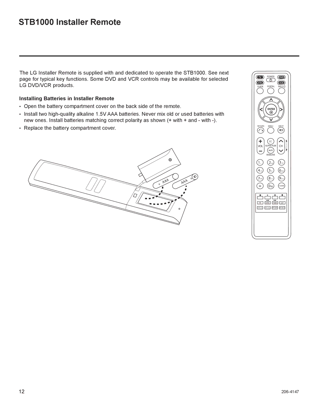 LG Electronics manual STB1000 Installer Remote, Installing Batteries in Installer Remote 