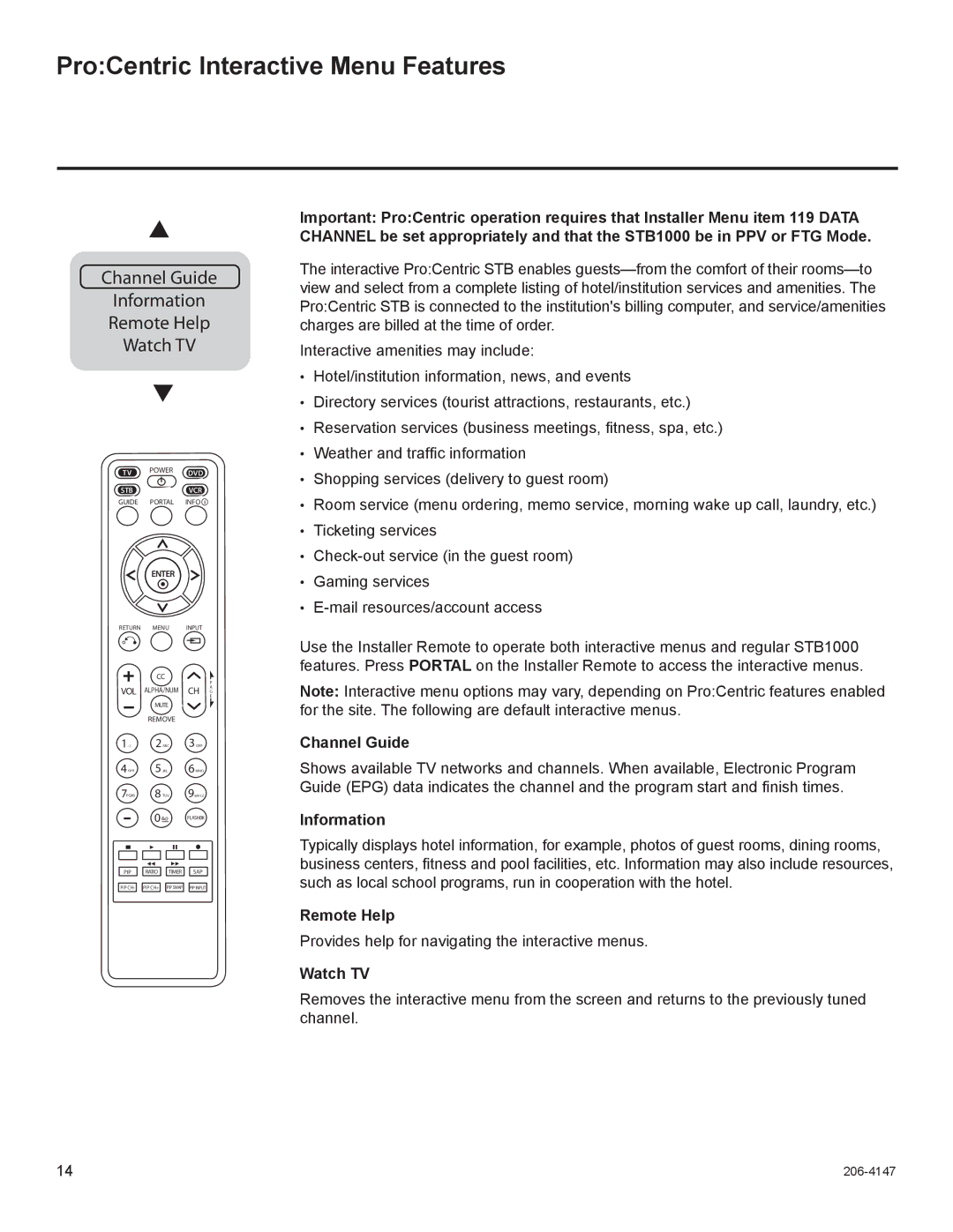 LG Electronics STB1000 manual ProCentric Interactive Menu Features, Channel Guide, Information, Remote Help, Watch TV 