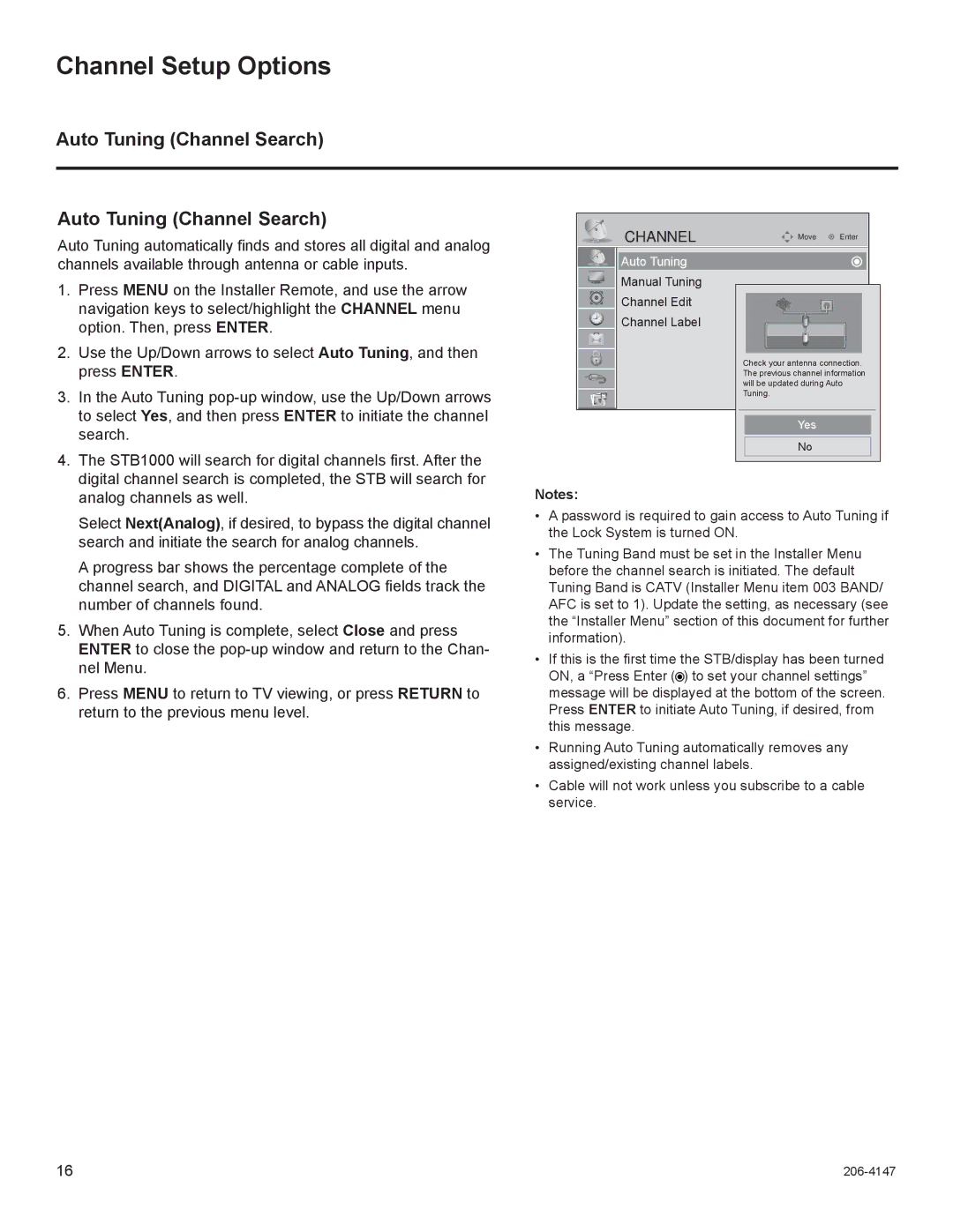 LG Electronics STB1000 manual Channel Setup Options, Auto Tuning Channel Search 