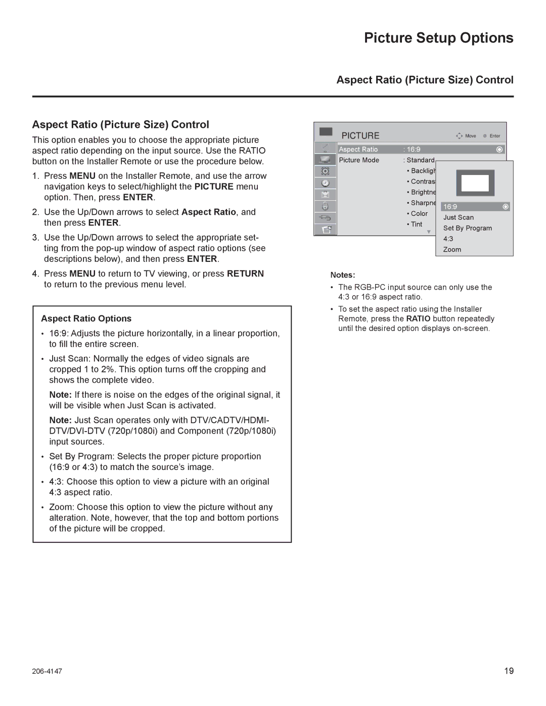 LG Electronics STB1000 manual Picture Setup Options, Aspect Ratio Picture Size Control, Aspect Ratio Options 