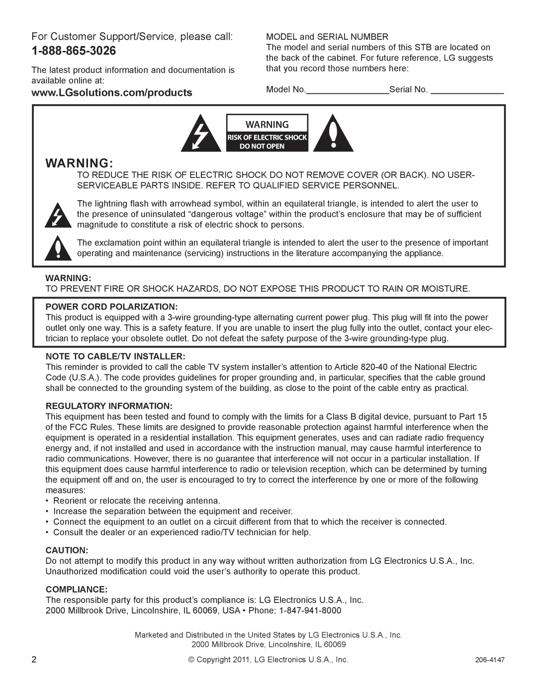 LG Electronics STB1000 manual For Customer Support/Service, please call 