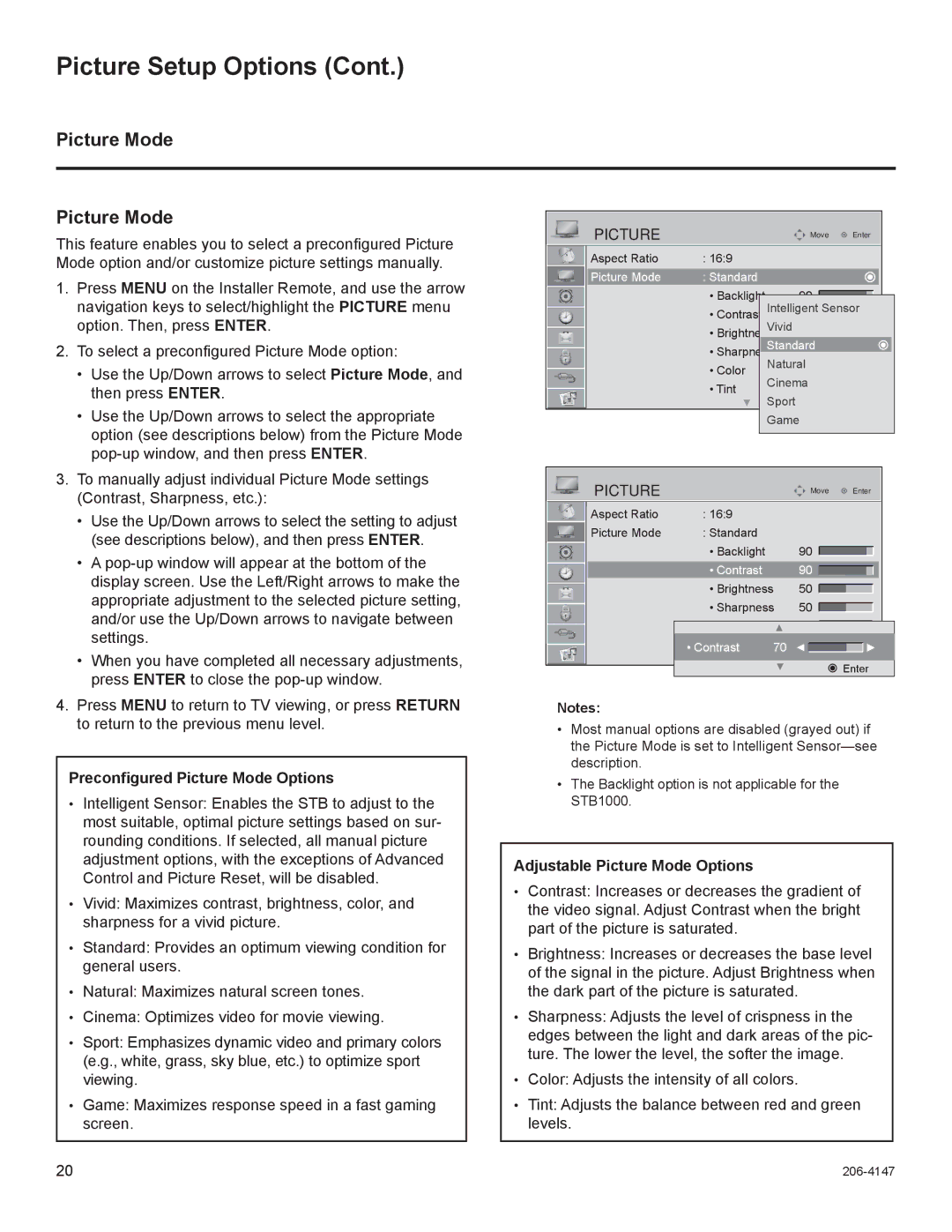 LG Electronics STB1000 manual Preconﬁgured Picture Mode Options, Adjustable Picture Mode Options 