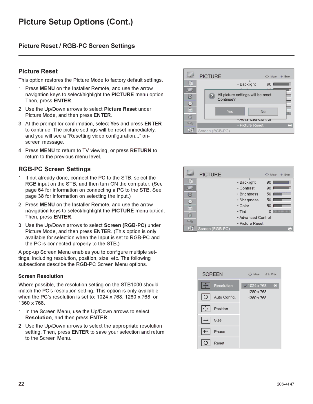 LG Electronics STB1000 manual Picture Reset / RGB-PC Screen Settings, Screen Resolution 