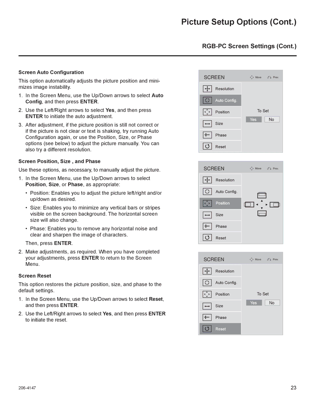 LG Electronics STB1000 manual Screen Auto Conﬁguration, Screen Position, Size , and Phase, Screen Reset 