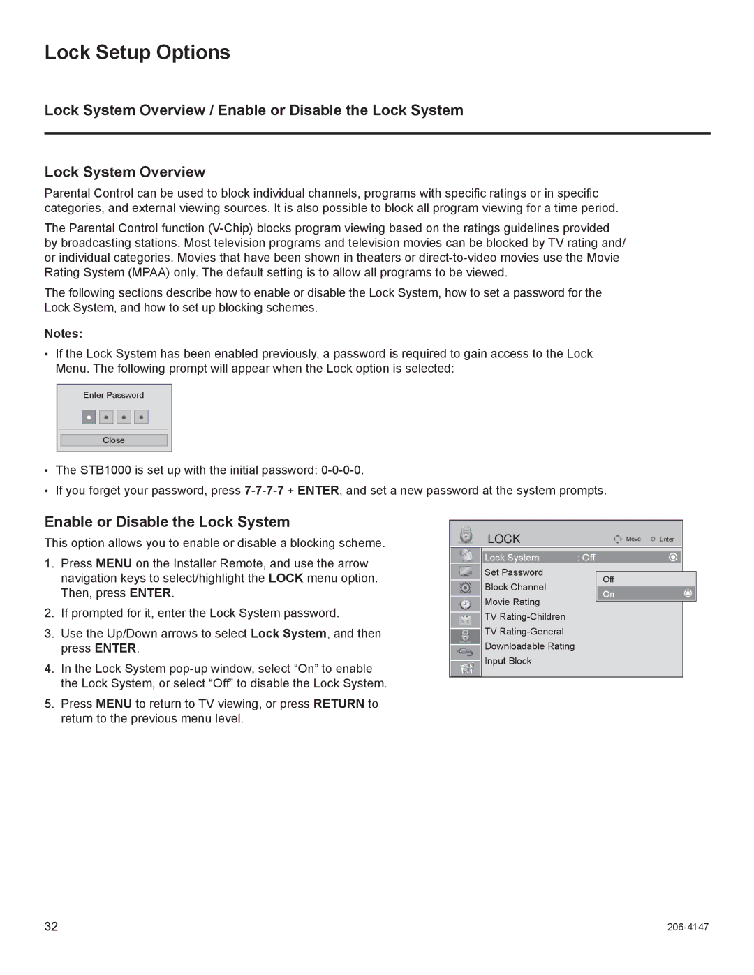 LG Electronics STB1000 manual Lock Setup Options, Lock System Overview / Enable or Disable the Lock System 