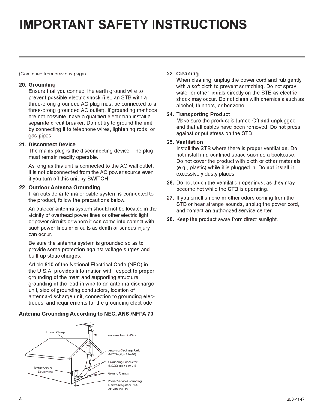 LG Electronics STB1000 manual Disconnect Device, Outdoor Antenna Grounding, Transporting Product, Ventilation 