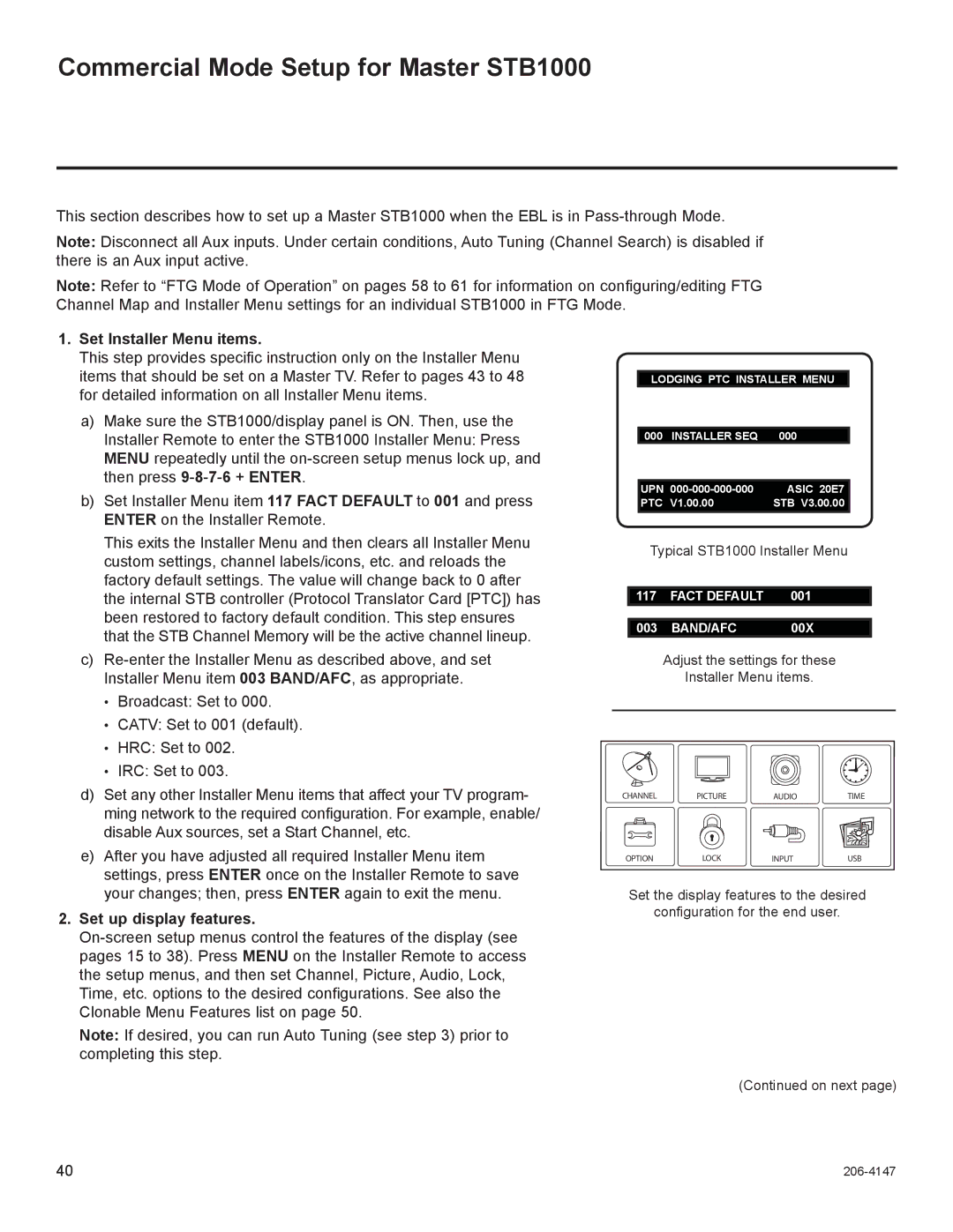 LG Electronics manual Commercial Mode Setup for Master STB1000, Set Installer Menu items, Set up display features 