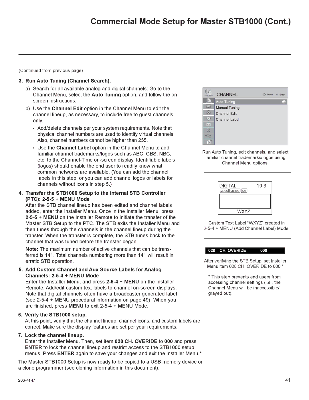 LG Electronics manual Run Auto Tuning Channel Search, Verify the STB1000 setup, Lock the channel lineup 