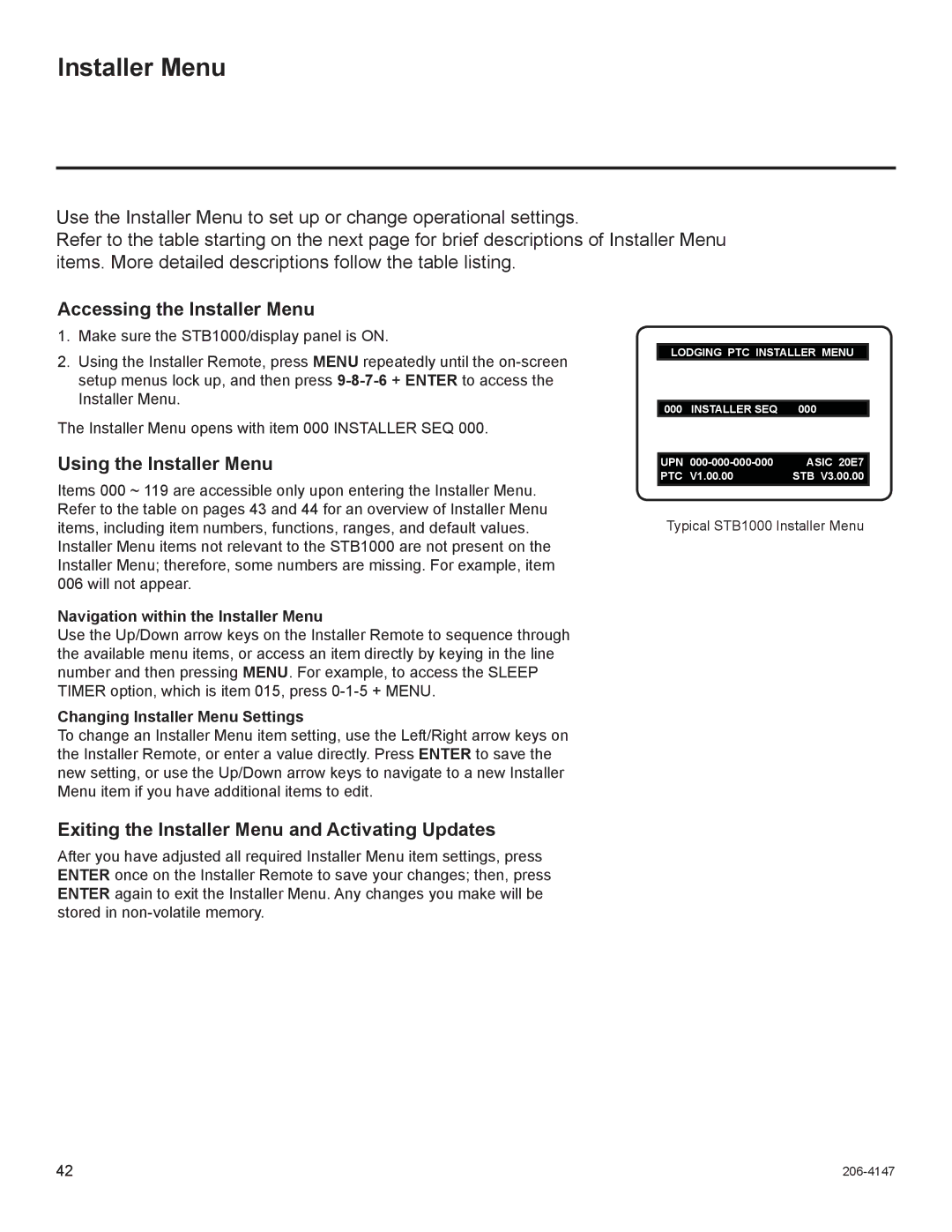 LG Electronics STB1000 manual Accessing the Installer Menu, Using the Installer Menu 