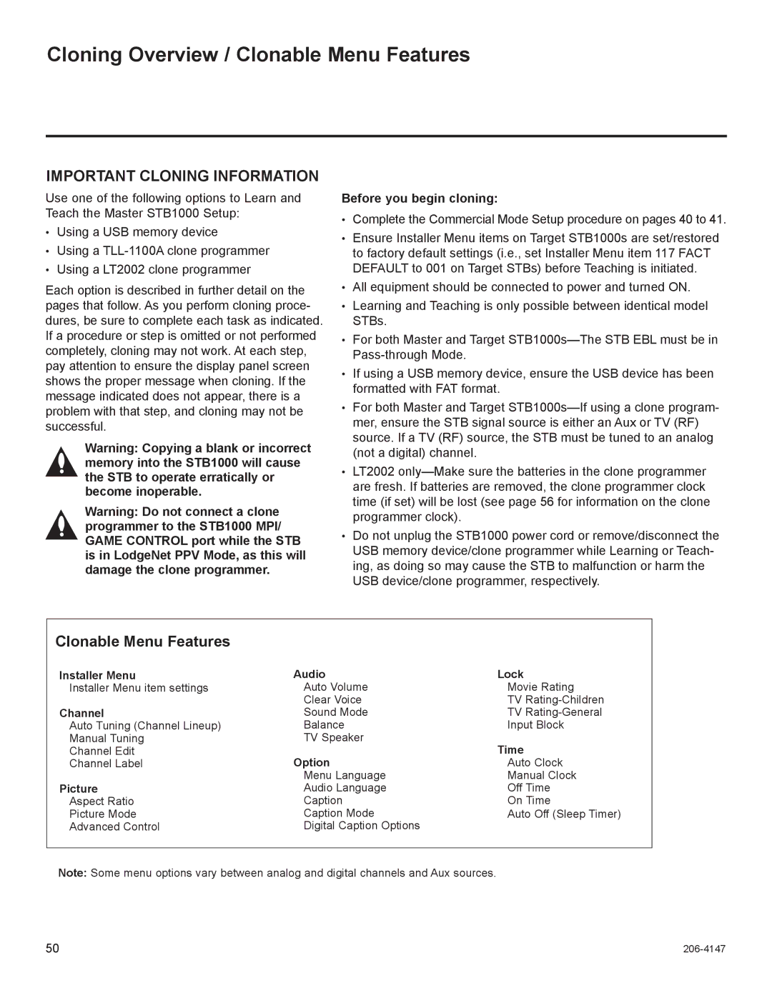 LG Electronics STB1000 manual Cloning Overview / Clonable Menu Features, Before you begin cloning 