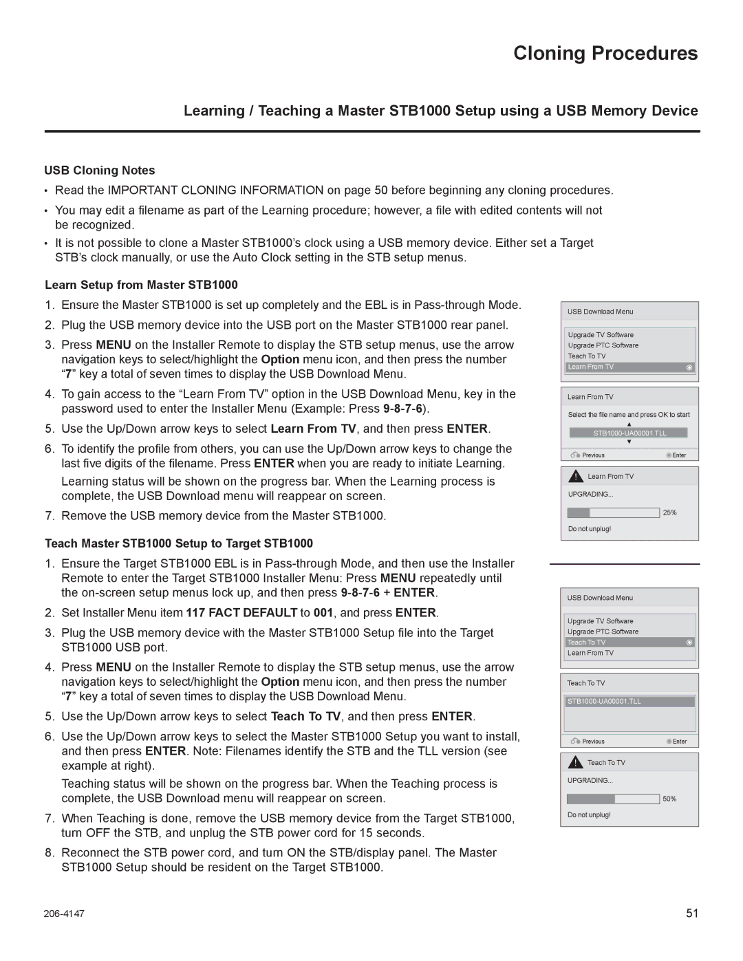 LG Electronics manual Cloning Procedures, USB Cloning Notes, Learn Setup from Master STB1000 