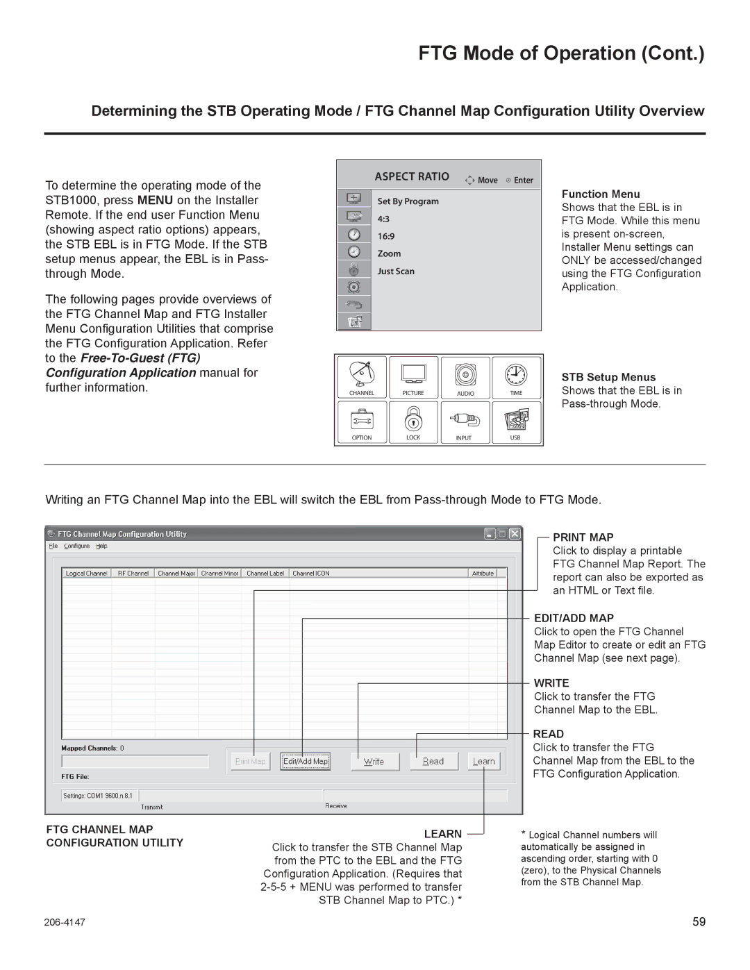 LG Electronics STB1000 manual FTG Channel MAP Learn Configuration Utility, Print MAP, Edit/Add Map, Write, Read 