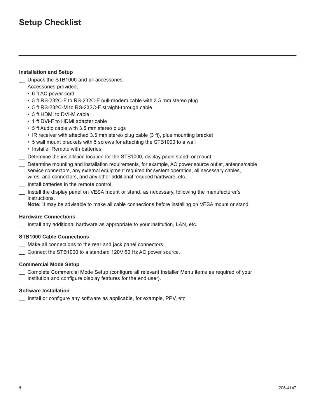 LG Electronics STB1000 manual Setup Checklist 