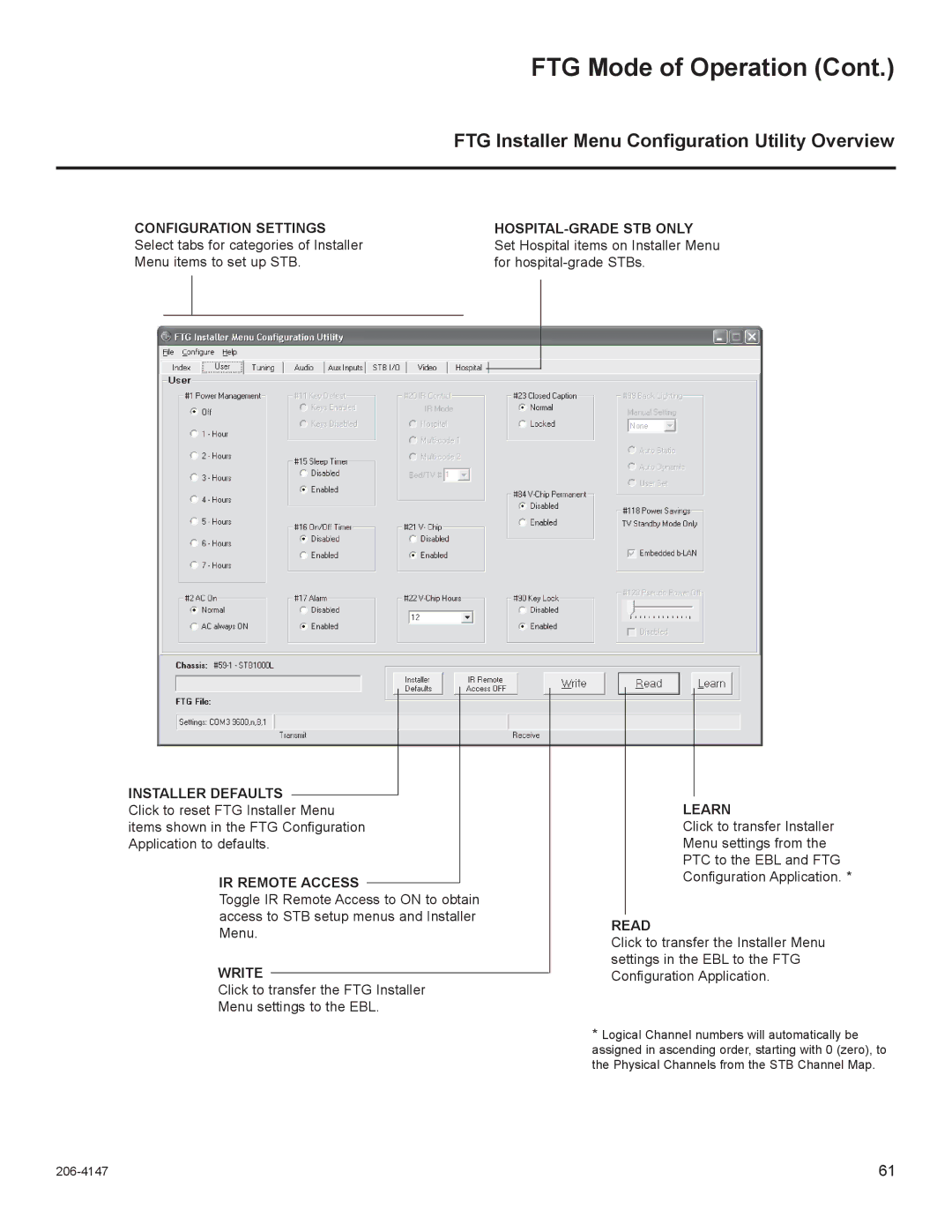 LG Electronics STB1000 manual FTG Installer Menu Conﬁguration Utility Overview, Installer Defaults, IR Remote Access 