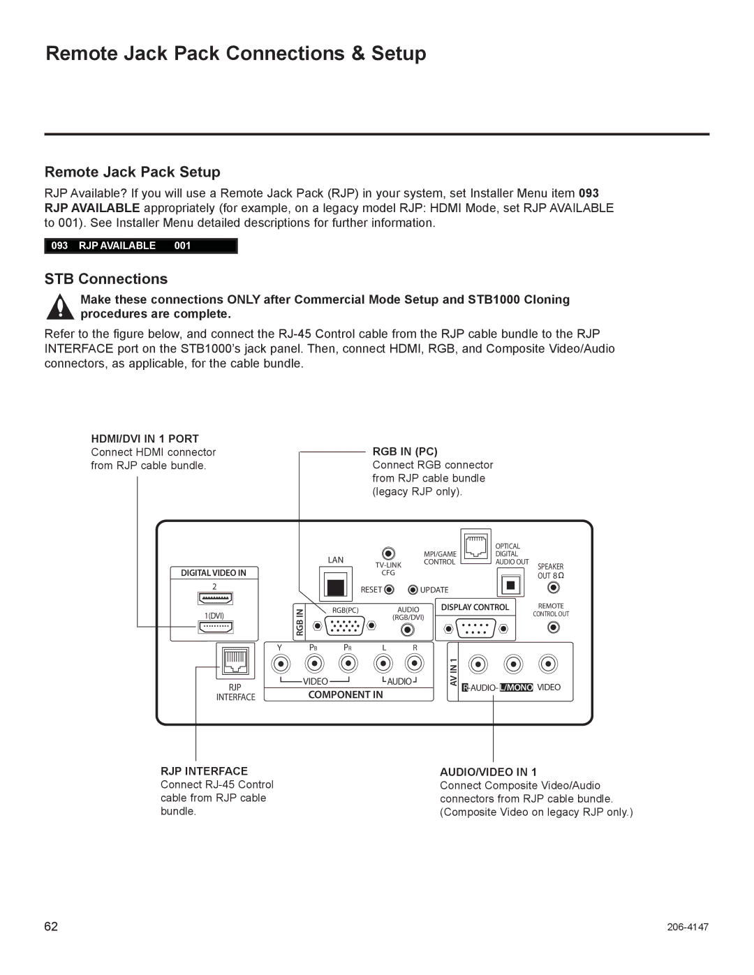 LG Electronics STB1000 manual Remote Jack Pack Connections & Setup, Remote Jack Pack Setup, STB Connections 