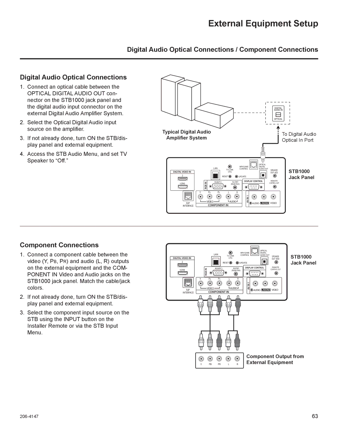 LG Electronics STB1000 manual External Equipment Setup, Digital Audio Optical Connections / Component Connections 