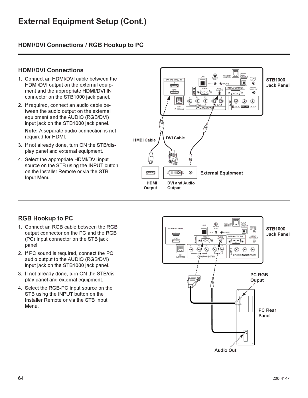 LG Electronics STB1000 HDMI/DVI Connections / RGB Hookup to PC, External Equipment, Pc Rgb, Ouput PC Rear Panel Audio Out 